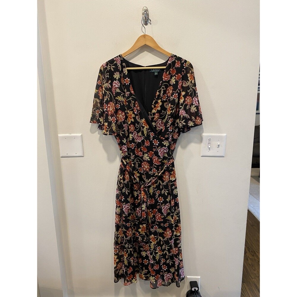 Ralph Lauren Womens Floral Georgette Midi Dress Size 14 Dark Romantic Preppy